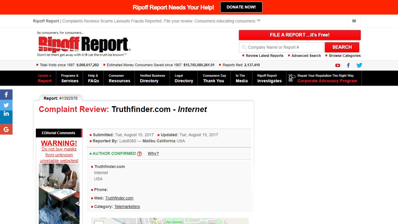 Ripoff Report | Truthfinder.com Review - Internet - Truthfindercom